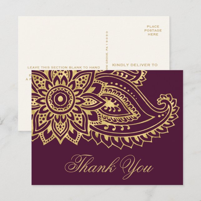 Carte Postale Gold Indian Paisley Merci Mariage (Devant / Derrière)