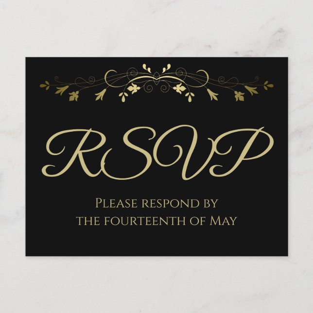 Carte Postale Gold Lacy fleurit sur Black Elegant Wedding RSVP (Devant)
