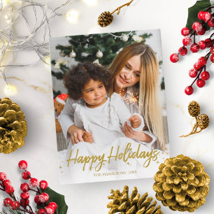 Carte Postale Gold manuscrit photo unique Happy Holidays