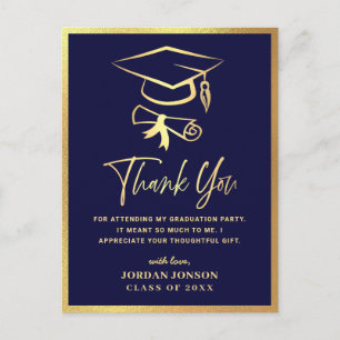 Carte Postale Gold Navy Blue Modern Graduation Party Merci