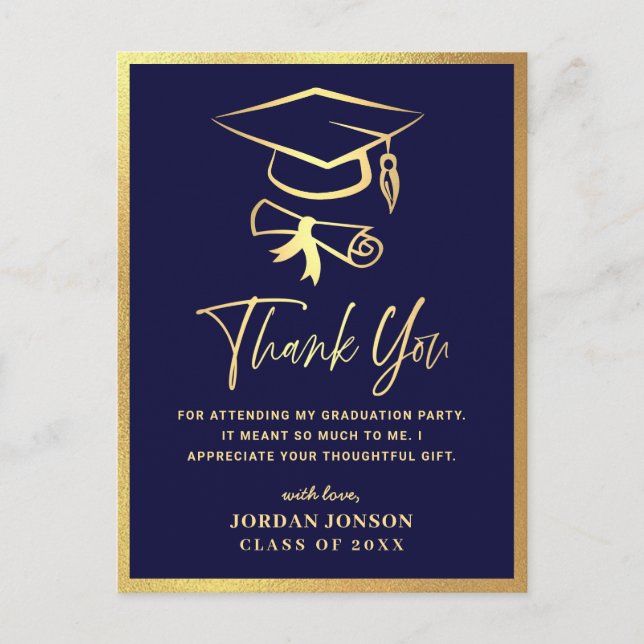 Carte Postale Gold Navy Blue Modern Graduation Party Merci (Devant)
