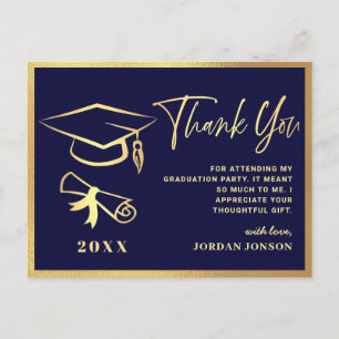 Carte Postale Gold Navy Blue Modern Graduation Party Merci