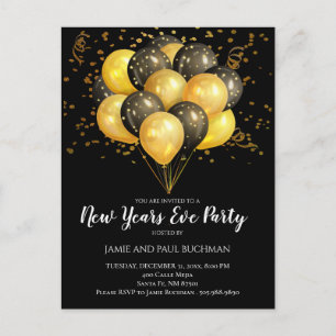Carte Postale Gold On Black New Years Eve Balloons Party