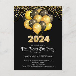 Carte Postale Gold On Black New Years Eve Balloons Party