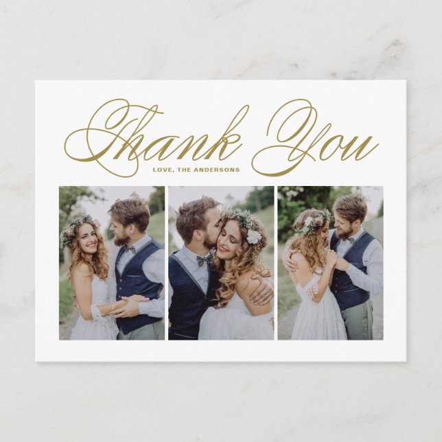 Carte Postale Gold Script Trois photo Collage Mariage Merci (Devant)