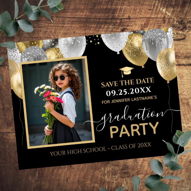Carte Postale Gold Silver Graduation Party Photo Enregistrer la  (Créateur téléchargé)