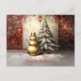 Carte Postale Gold Snowman Christmas Tree Holiday Postcard