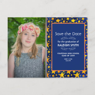 Carte Postale Gold Stars Marine Blue Photo Graduation Enregistre