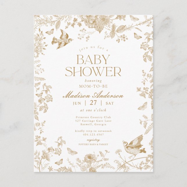 Carte Postale Gold Toile De Jouy Baby shower Floral Français (Devant)