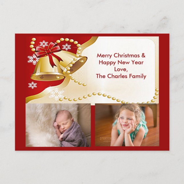 Carte postale Gold XMas cloches, perles et flocons (Devant)