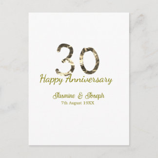 Carte Postale Golden Metallic 30th Happy anniversary add name