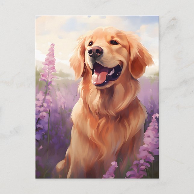 Carte Postale Golden Retriever dans le champ Lavender (Devant)