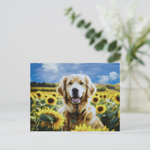 Carte Postale Golden Retriever dans un champ de tournesol