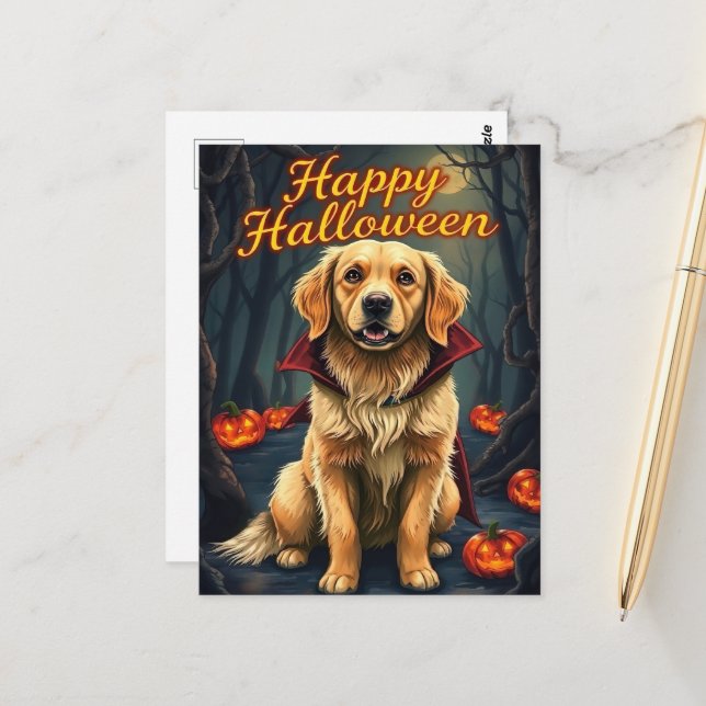 Carte Postale Golden Retriever in Witch Casquette Halloween mign (Devant/Arrière en situation)