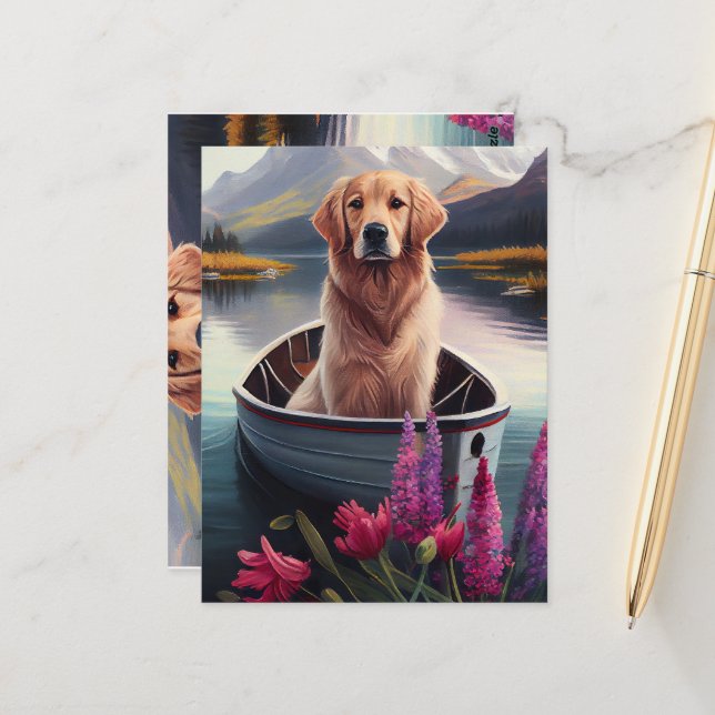 Carte Postale Golden Retriever sur une pagaie : une aventure Pit (Devant/Arrière en situation)