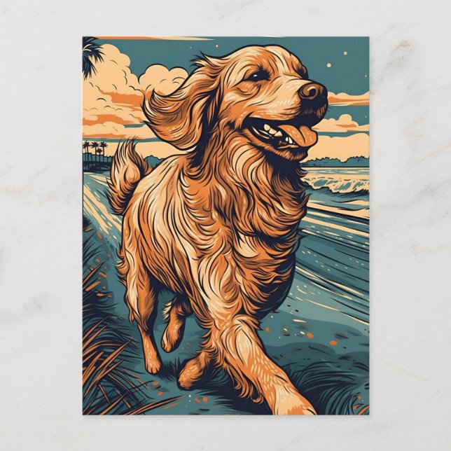 Carte Postale Golden Retriever sur une plage tropicale au couche (Devant)