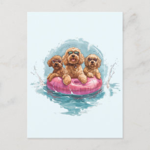 Carte Postale Goldendoodle Dogs Summer Pineappy Pool Flotte
