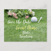 Golf avec fleurs sur herbe verte sauver la date