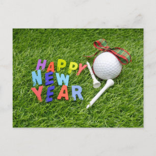 Carte Postale Golf Bonne année avec balle de golf sur herbe vert