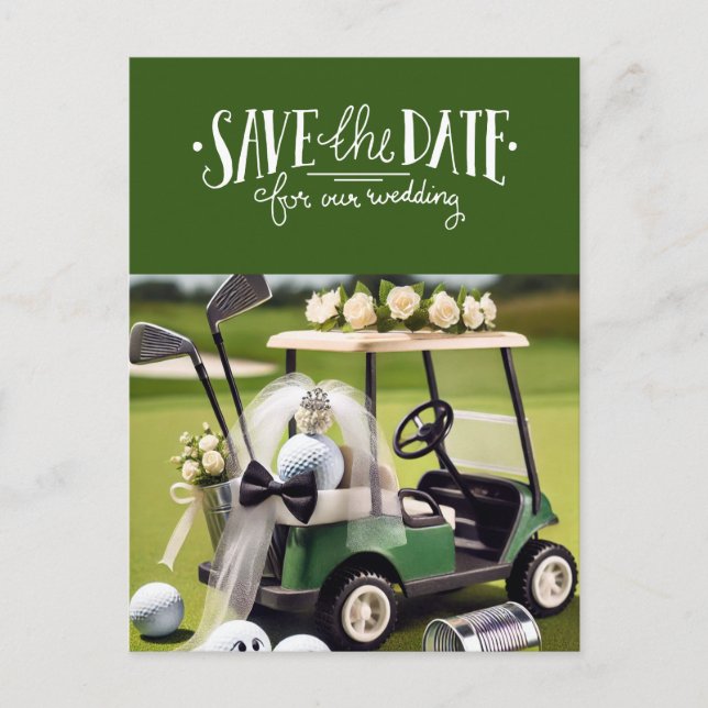 Carte Postale Golf Enregistrer la date avec chariot de golf sur  (Devant)