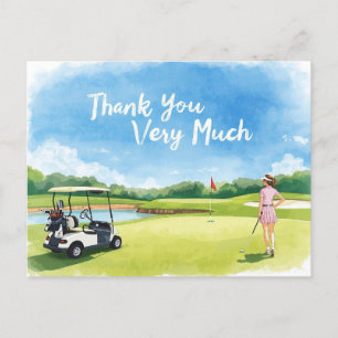 Carte Postale Golf femme golfer avec chariot sur vert