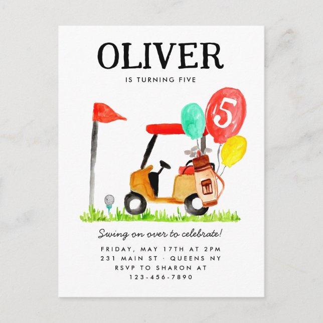 Carte Postale Golf Panier Bag Balloon Enfants Golfeur Anniversai (Devant)