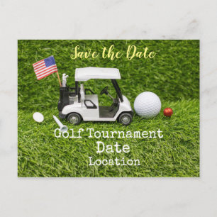 Carte Postale Golf Sauvez la date avec balle de golf et drapeau 