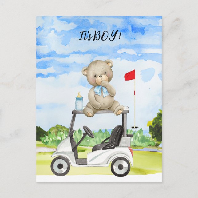 Carte Postale Golf Teddy Bear It's Boy for Baby shower Invitati (Devant)