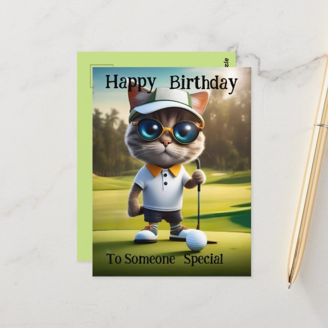 Carte Postale Golf Time : Chat de golf drôle, anniversaire  (Devant/Arrière en situation)