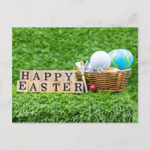 Carte Postale Golfer Happy Pâques avec balle de golf et oeufs 