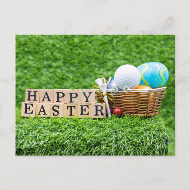 Carte Postale Golfer Happy Pâques avec balle de golf et oeufs (Devant)