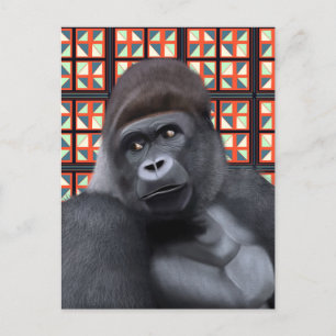 Carte Postale Gorille assis sur une faune géométrique rouge et b