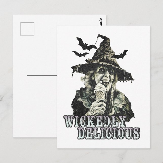 Carte Postale Goth été Éffrayante sorcière avec crème glacée (Devant / Derrière)