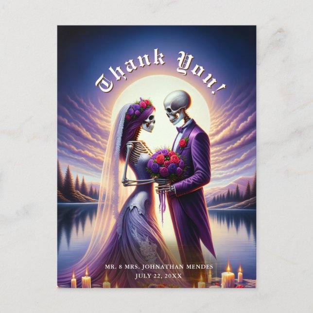 Carte Postale Gothic Skeleton Couple Red Roses Wedding Thank You (Devant)