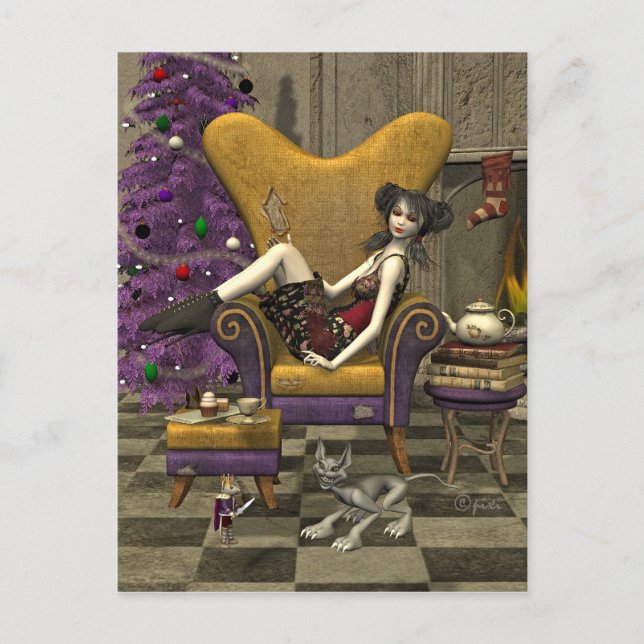 Carte postale gothique de Noël - "En attente de Pè (Devant)