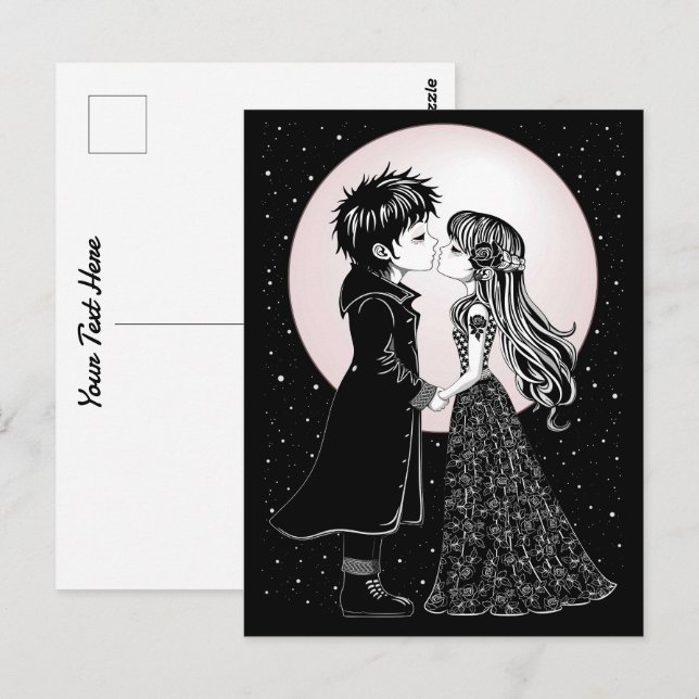 Carte Postale Gothique Emo Enfants Kiss Valentine's Day (Devant / Derrière)