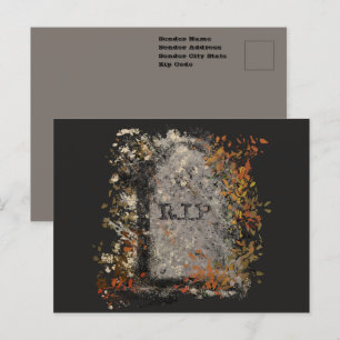 Carte Postale Gothique Vintage R.I.P. Headstone Et Feuilles Auto