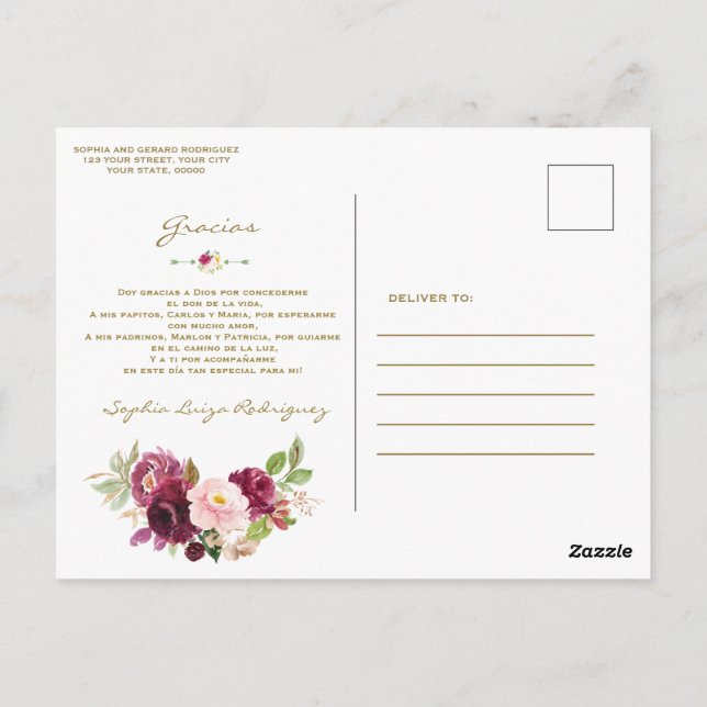 Carte Postale Gracias de Baptême espagnol rose de Bourgogne (Dos)
