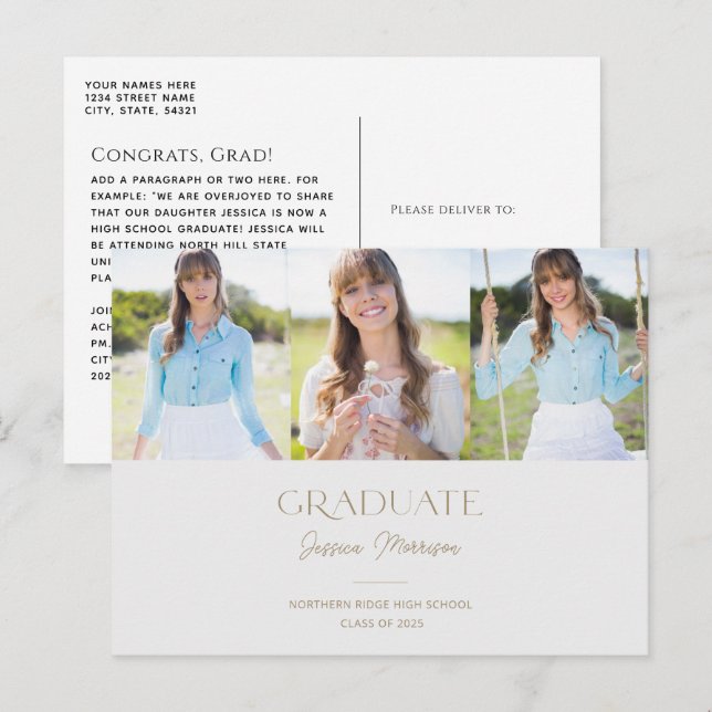 Carte Postale Graduate simple Gris & Or Multi Photo Graduate (Devant / Derrière)