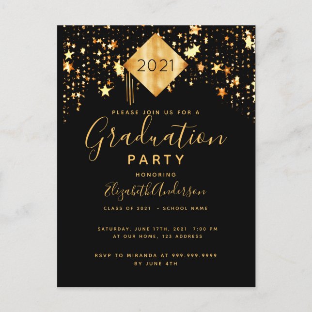 Carte Postale Graduation 2021 partie supérieure étoiles d'or noi (Devant)