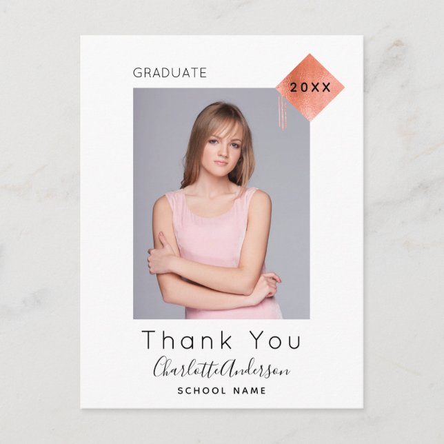 Carte Postale Graduation blanc rose or moderne photo merci (Devant)
