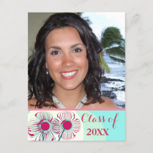 Carte Postale Graduation Photo Invitation Pink Blue Aqua Floral