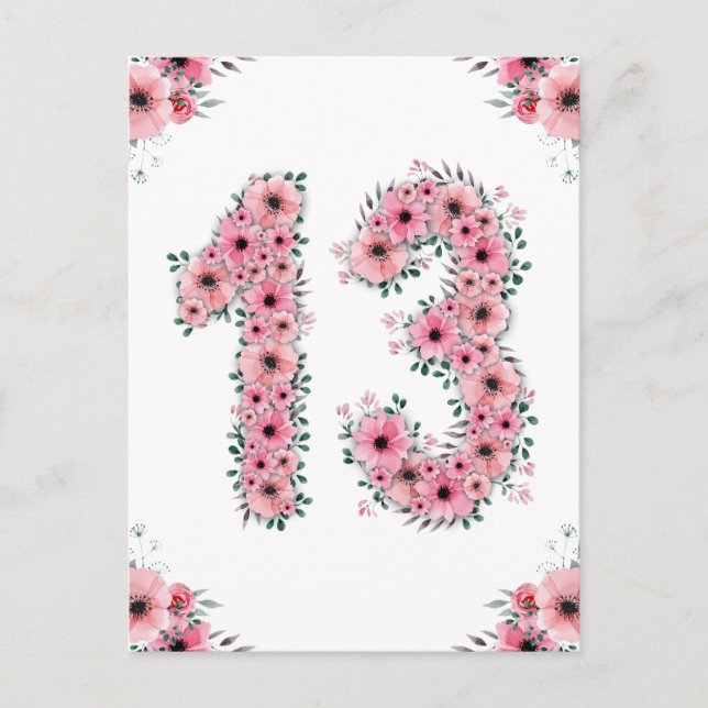 Carte Postale Grand 13e Anniversaire Fleurs Roses Fille Feuillag (Devant)