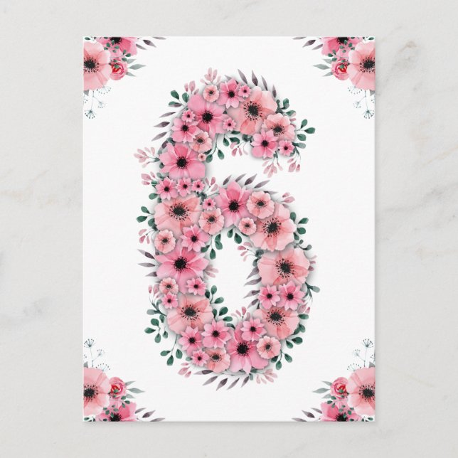 Carte Postale Grand 6e Anniversaire Fleurs Roses Fille Feuillage (Devant)