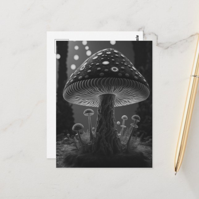 Carte Postale Grand Champignons Lumineux - Noir & Blanc (Devant/Arrière en situation)