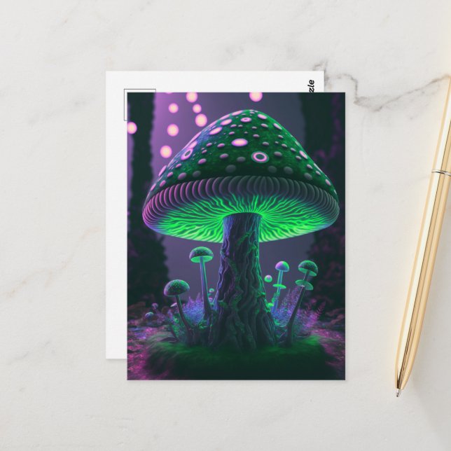Carte Postale Grand Champignons Lumineux - Vert & Rose (Devant/Arrière en situation)