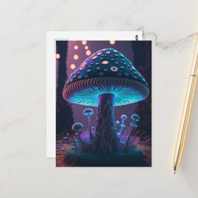Carte Postale Grand Champignons Lumineux - Violet & Bleu (Devant/Arrière en situation)