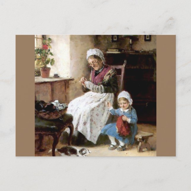 Carte Postale Grand-mère et petite-fille à coudre (Devant)