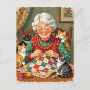 Carte Postale Grand-mère quilteuse cosy avec des chats