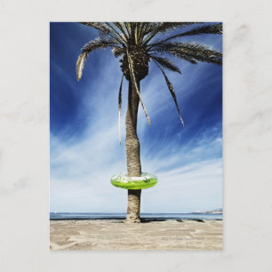 Carte Postale Grand palmier sur une plage de sable avec gonflabl